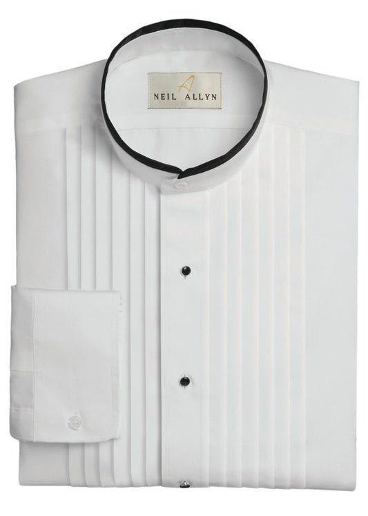 Photo depicts a Neil Allyn Banded collar tuxedo shirt with 1/4" pleats and a stud front.  The barrel cuff is folded over the folded white shirt that has black trim on the collar.