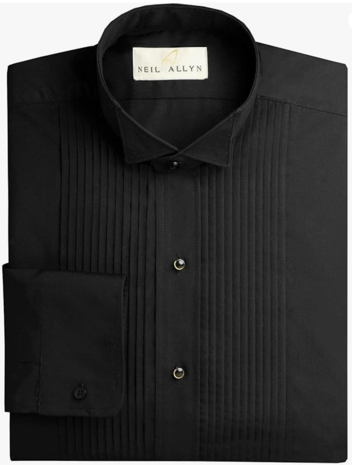 (New Without Tags) Neil Allyn Regular Fit Wing Collar Black Tuxedo Shirt in a Polycotton Blend with 1/4" Pleats and Barrel Cuffs